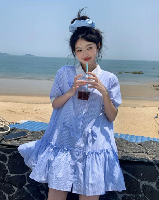 ロングワンピース フレアシャツワンピース半袖ストライプ柄女性用