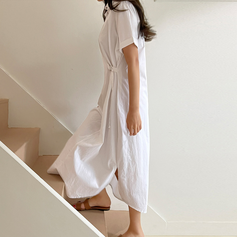 ロングワンピース シャツ 襟付き半袖ウエストリボンロングワンピース