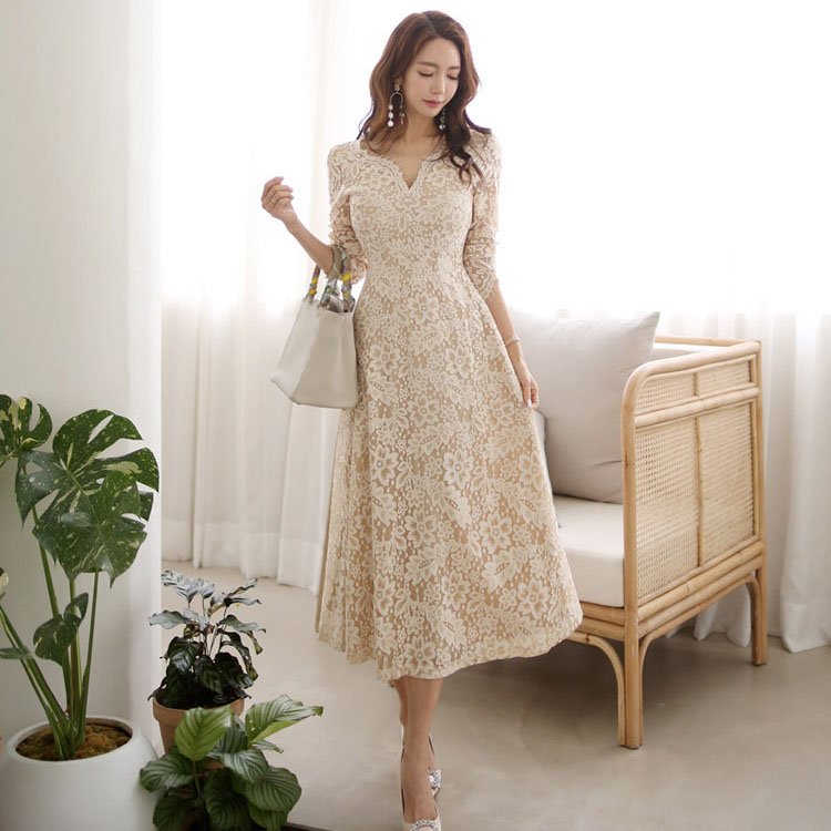 ロングワンピース 【フォーマル】長袖ブイネック総レース七分丈ドレス