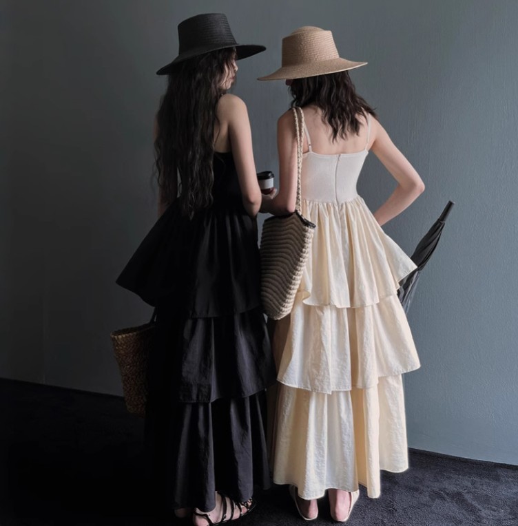 ロングワンピース フリル異素材キャミワンピース ロング丈サスペンダー可愛い夏新作