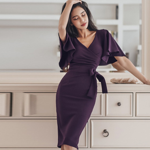 ロングワンピース リボン付きタイトワンピース フレア袖ひざ丈