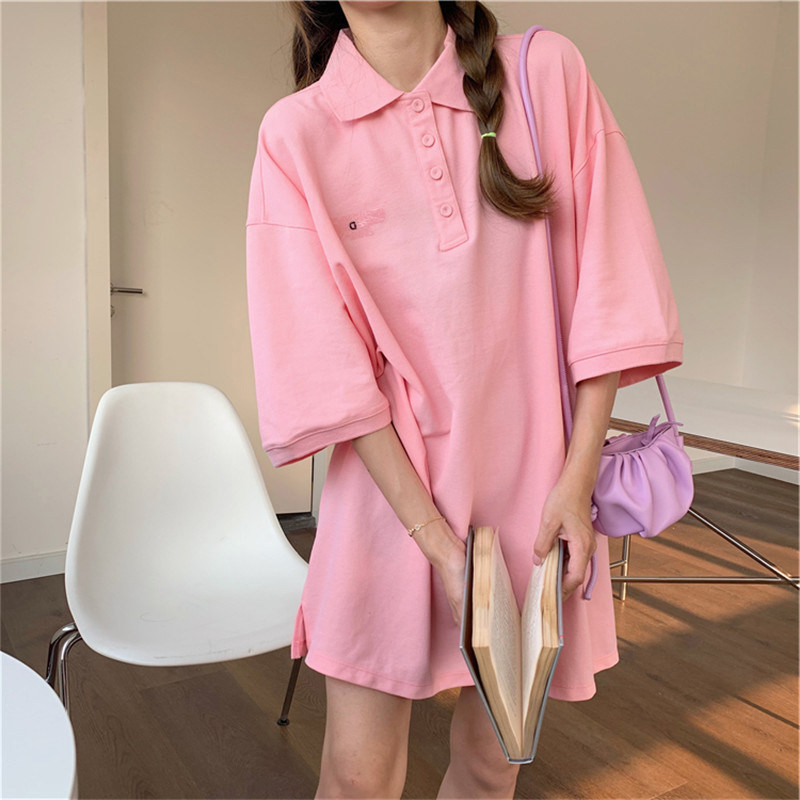 ロングワンピース ポロシャツ ゆったりオーバーサイズポロ襟ロングワンピース