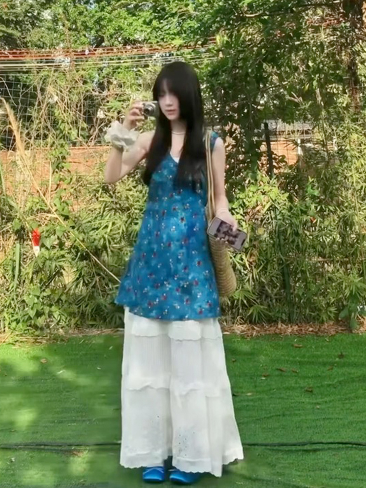 ロングワンピース レース 小花柄レイヤード風ロングワンピース