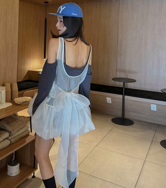 ロングワンピース 透け感ノースリーブワンピース リボン付きチュニック