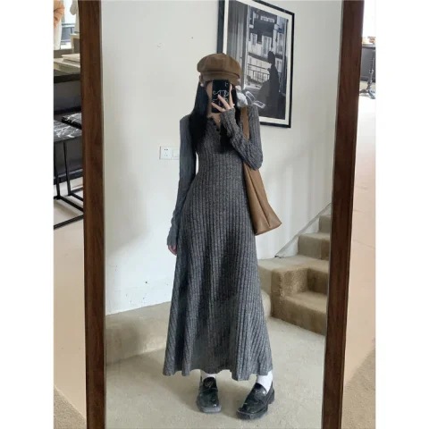 ロングワンピース リブ編みロマンチックワンピース