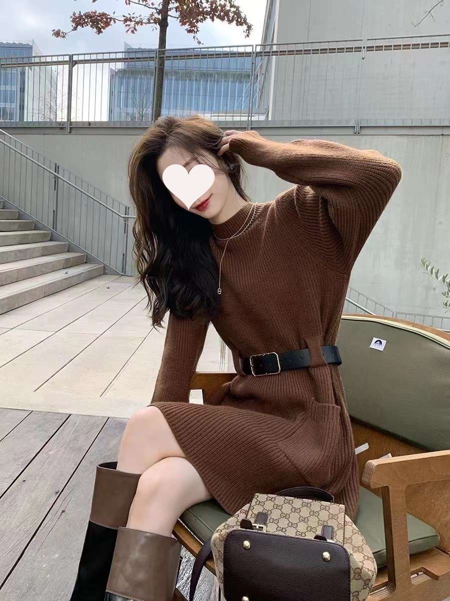 ロングワンピース ゆるふわベルト付きニットワンピース