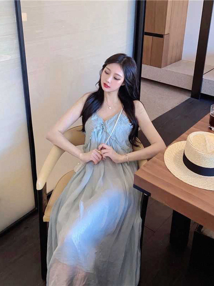 ロングワンピース キャミ 透け感シフォンフリル付きキャミソールワンピース