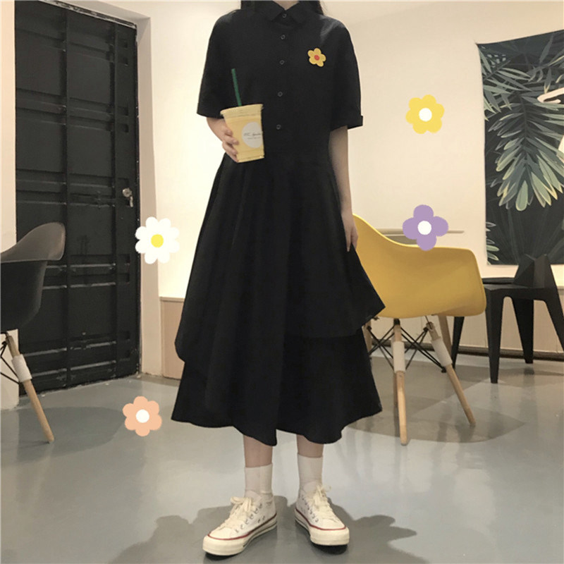 ロングワンピース シャツ フラワー刺繍付き半袖シャツワンピース