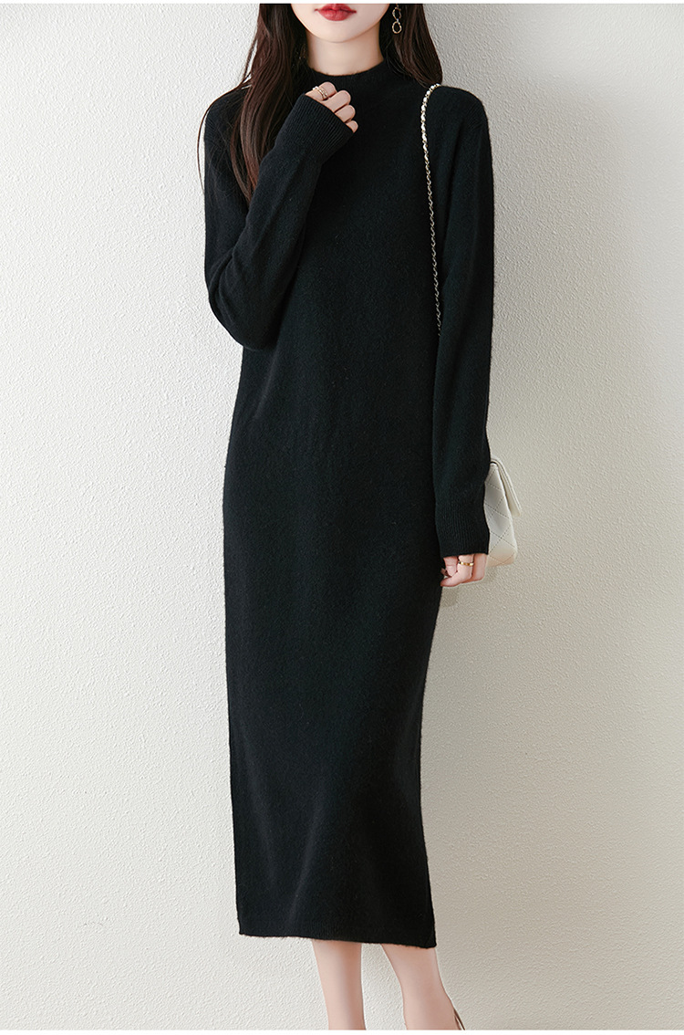 ロングワンピース 上質シンプル モックネックニットワンピース