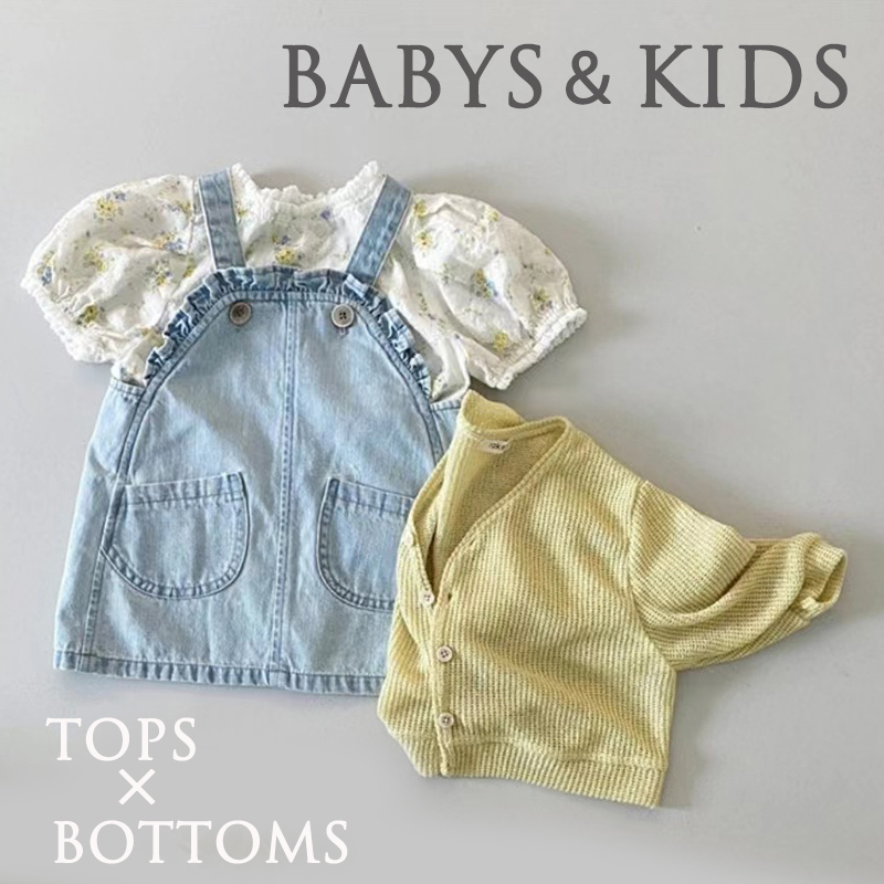 ロングワンピース 韓国子供服キッズ花柄ブラウス付きデニムジャンパースカート