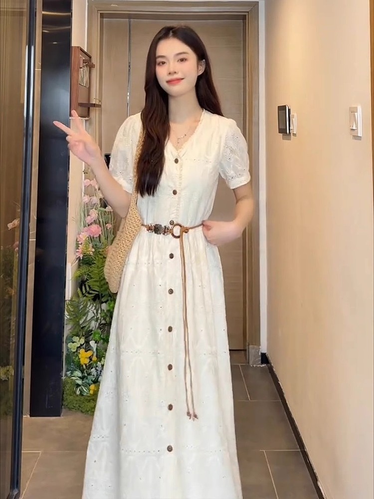 ロングワンピース レース 透かしレース前開きロングワンピース