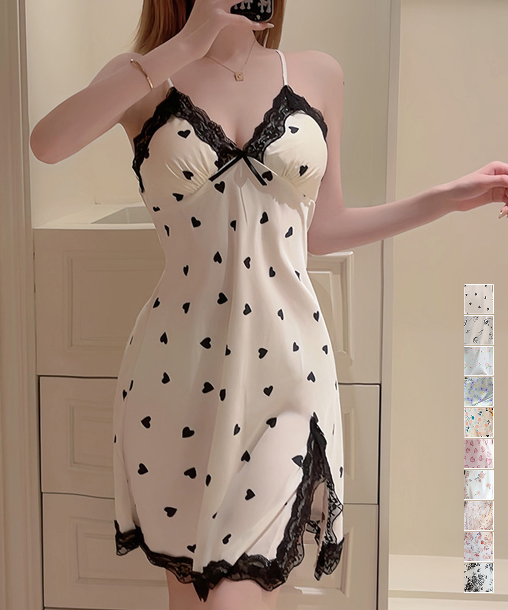 サテン調レースキャミパジャマ パッド付きロングワンピース