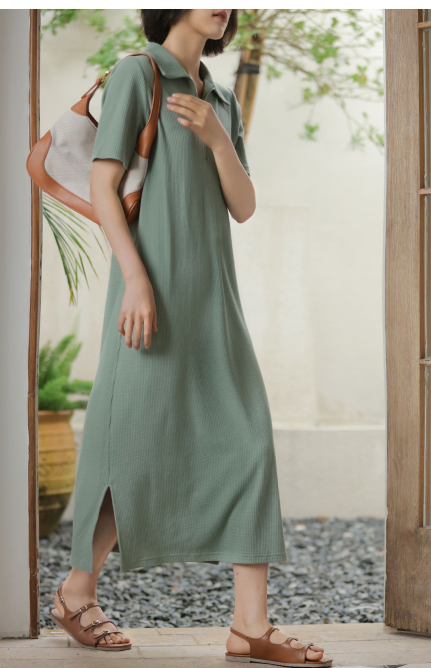 襟付きハーフジップリブ編みロングワンピース