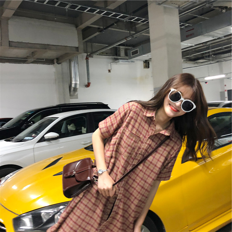 ロングワンピース シャツ チェック柄裾フリル半袖襟付きロングワンピース