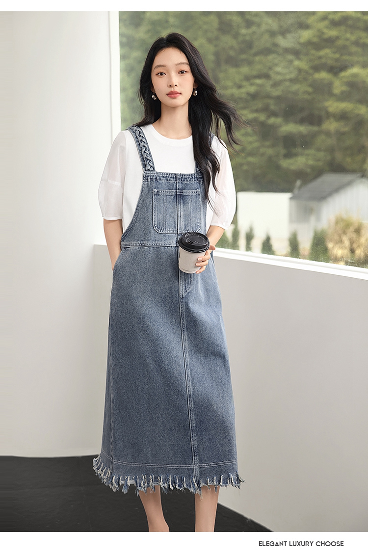 ロングワンピース デニム 裾フリンジデニムジャンパースカート