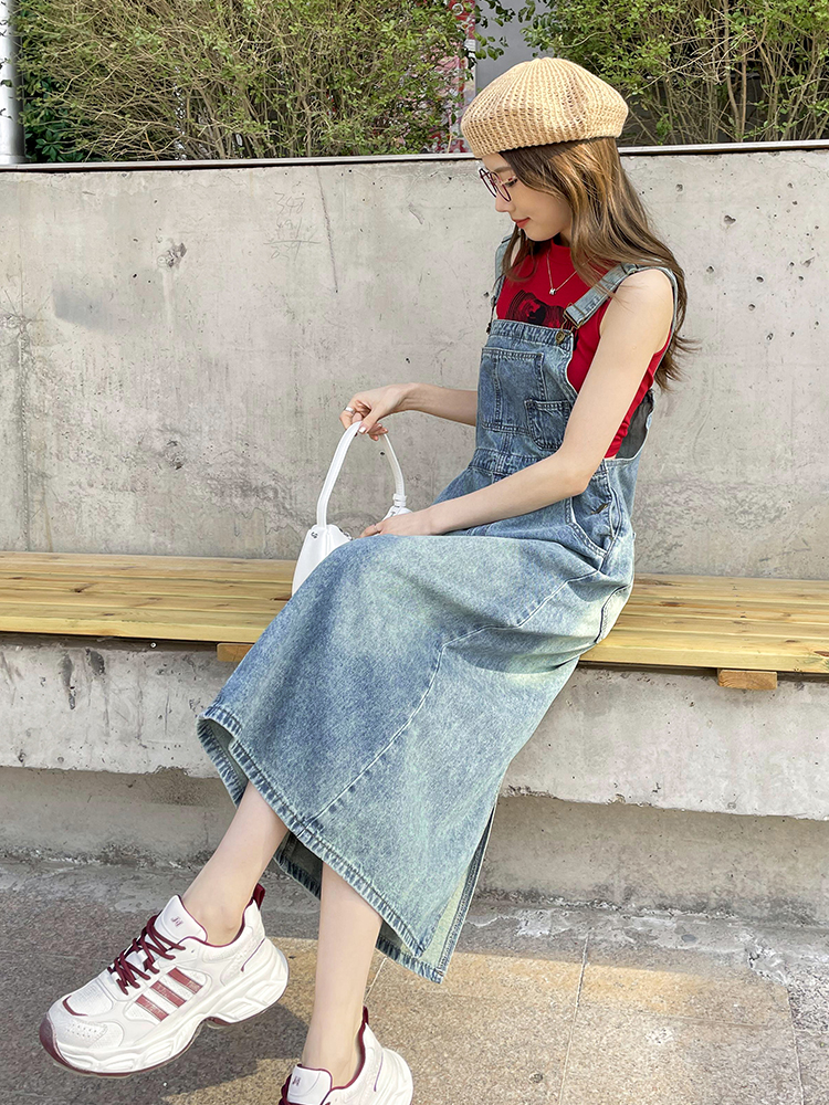 ロングワンピース デニム ゆったりデニムサロペットワンピース