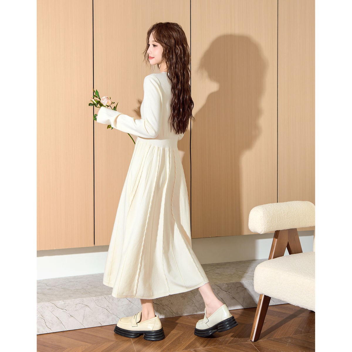 ロングワンピース ニット ふんわり優雅プリーツニットワンピース