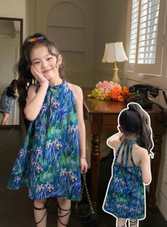 ロングワンピース キッズ花柄縦縞ロング丈ワンピース女の子夏服