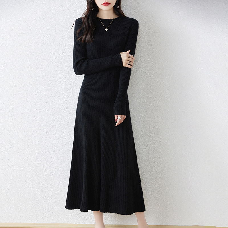 ロングワンピース 優美シルエット リブニットワンピース
