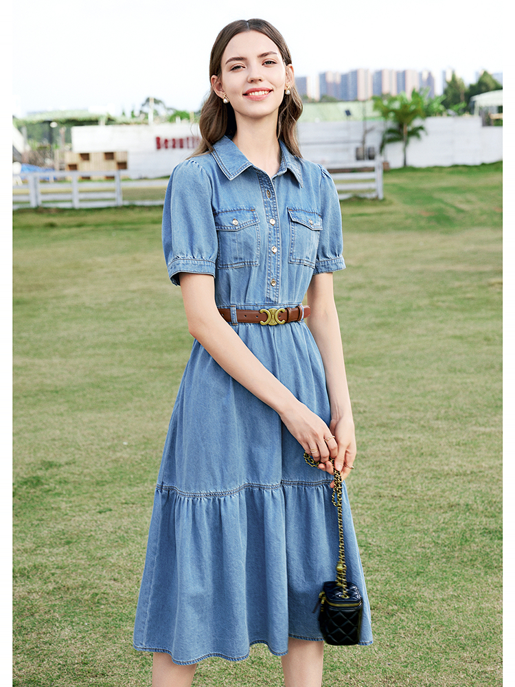 ロングワンピース デニム ティアード切替シャツ風ロングワンピース