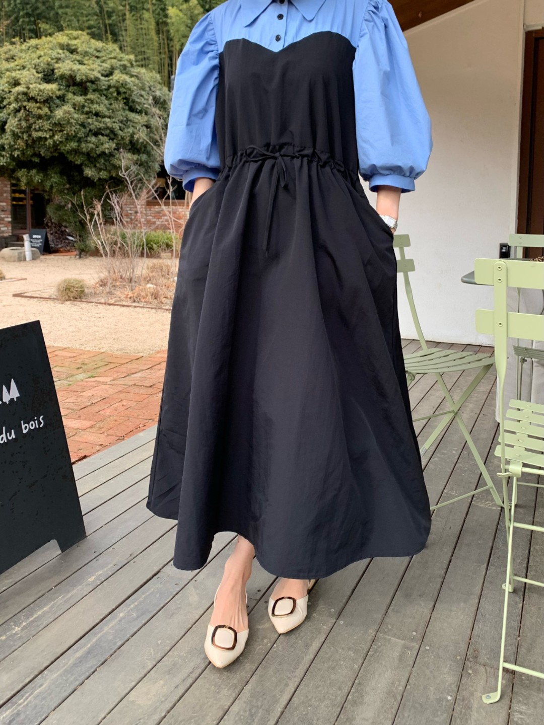 春夏新作 文芸風フリル袖 ウエストリボン ロングワンピース