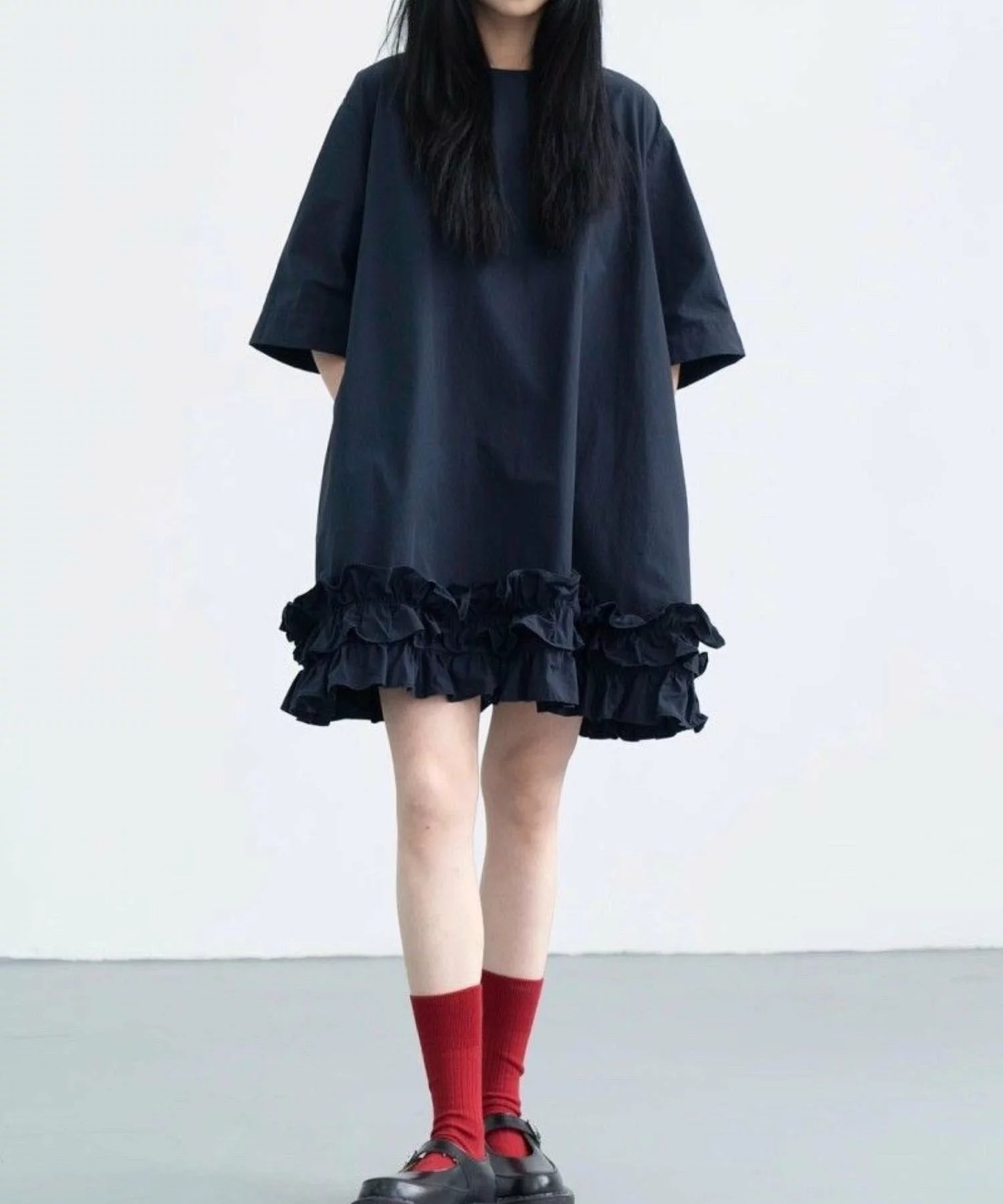 ロングワンピース 韓国風裾フリル五分袖ワンピース夏新作