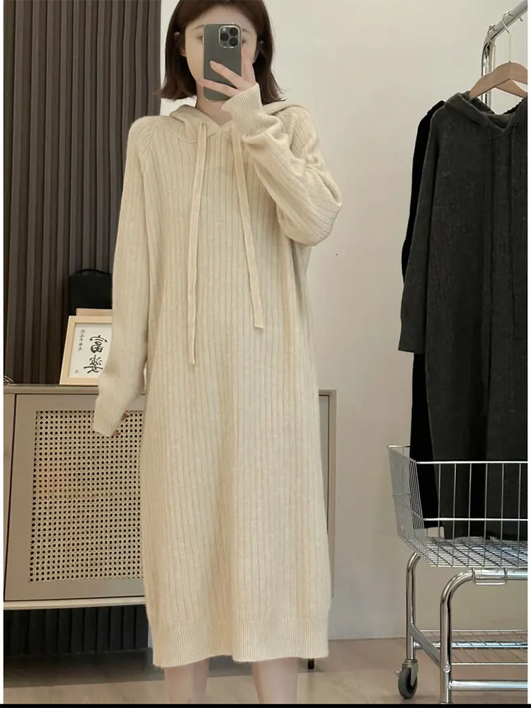 ロングワンピース リブ編みフード付きニットワンピース