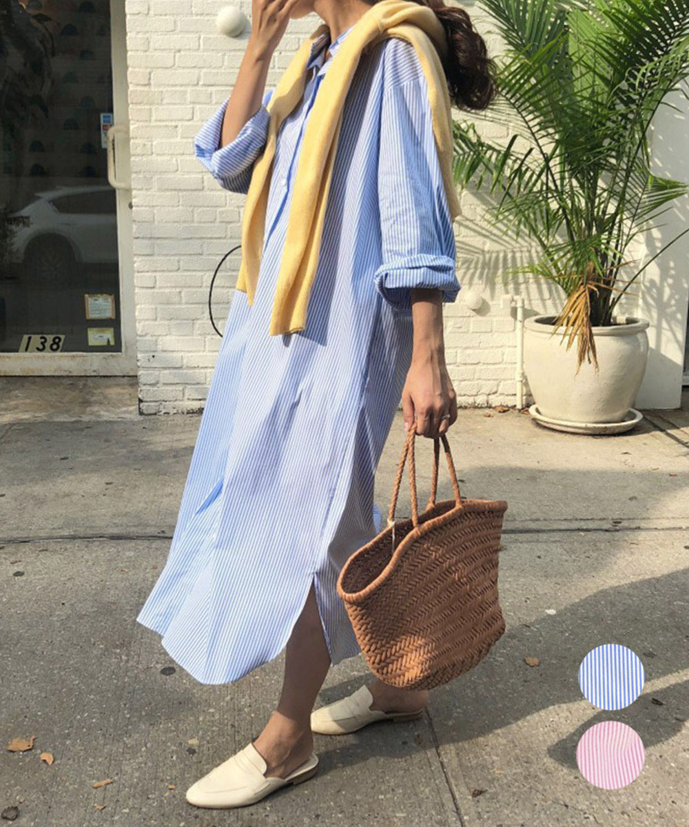 ロングワンピース 縦縞シャツワンピース大きめレディースゆったり長袖