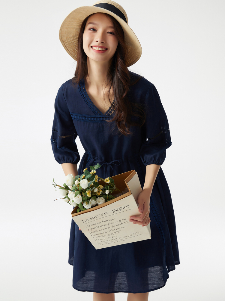 ロングワンピース レース 優美レース切替ふんわり袖ワンピース