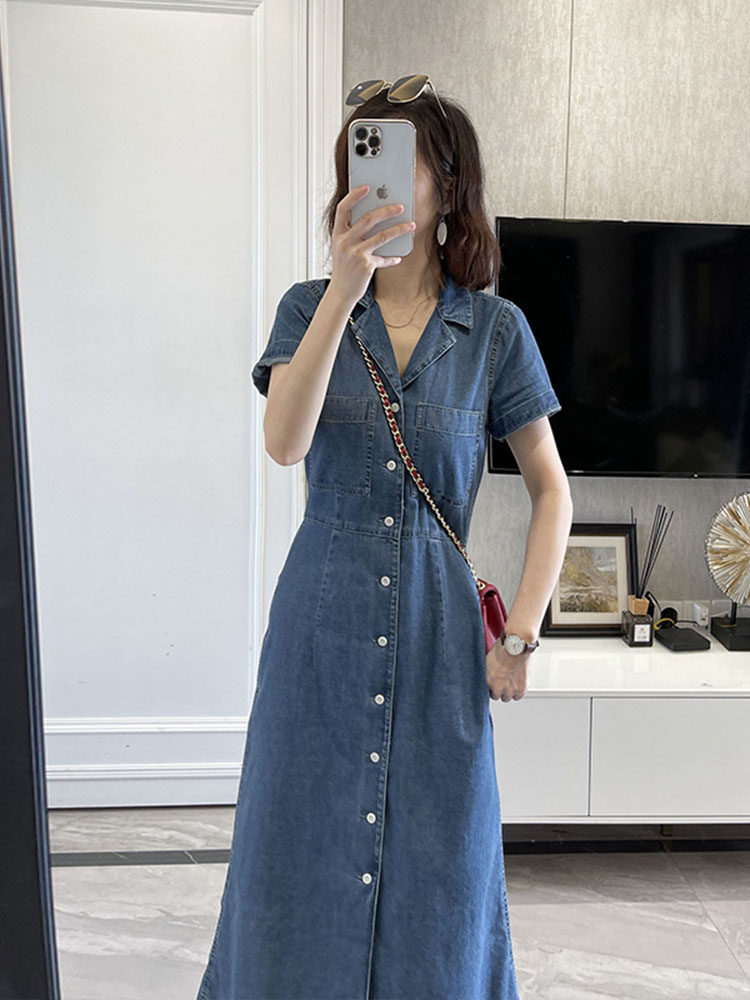 ロングワンピース シャツ 開襟デニムシャツワンピース前開きボタン付き