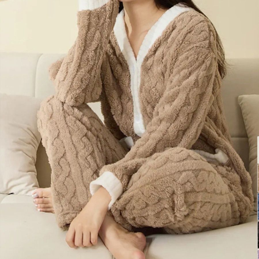 ケーブル編み風フリースパジャマ上下セット冬ルームウェア