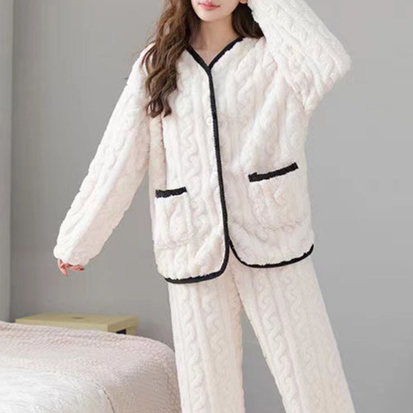ルームウェア ケーブル編み風フリースパジャマセット レディース部屋着