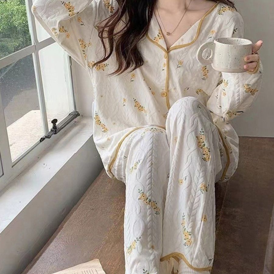ルームウェア 花柄長袖パジャマセット レディース部屋着薄手