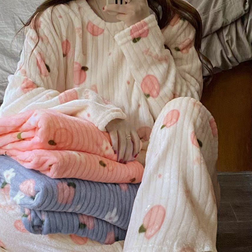 ルームウェア もこもこ桃柄パジャマ上下セット レディース秋冬