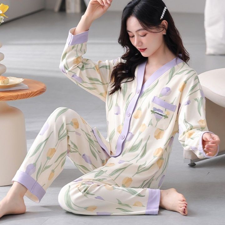 女性用綿パジャマ上下セット花柄肌に優しい快適ルームウェア