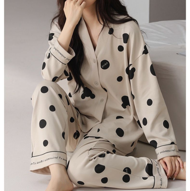 ルームウェア 水玉模様の開襟長袖上下セット　パジャマ