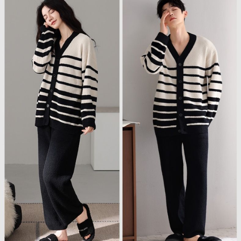 ルームウェア 横縞柄ニットカーディガン上下セット　部屋着