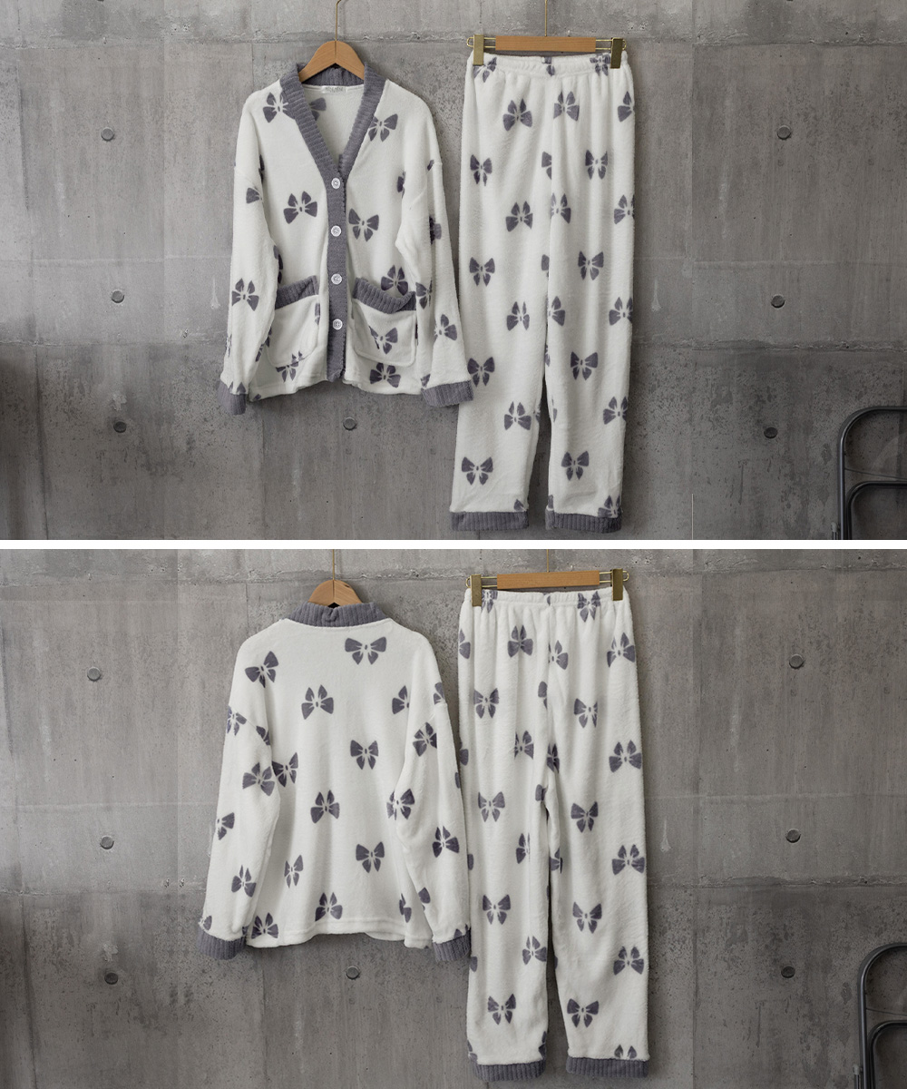 ルームウェア 可愛いリボン柄ニットパジャマ上下セット