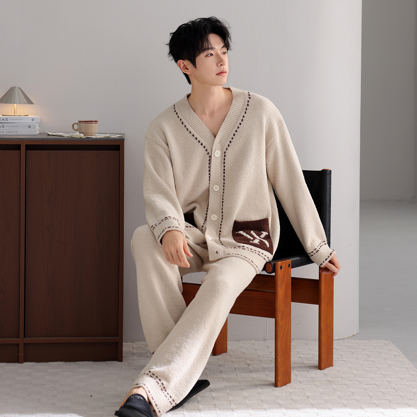 ルームウェア ステッチライン付きボア素材カーディガン　部屋着