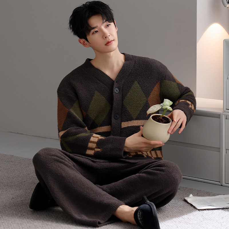 ルームウェア 幾何学模様ニットカーディガン　部屋着　セット