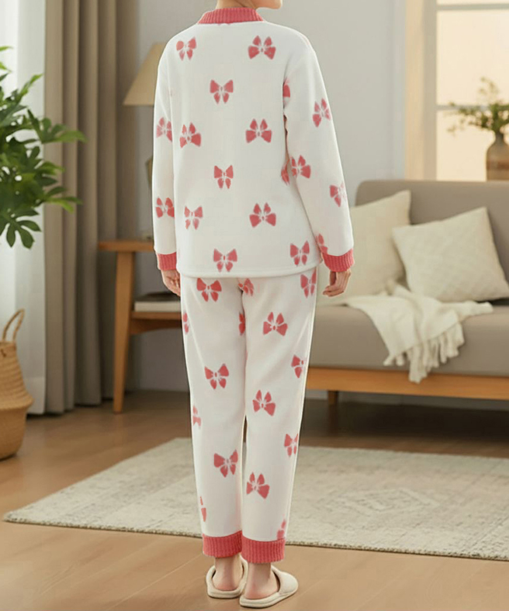 ルームウェア 可愛いリボン柄ニットパジャマ上下セット