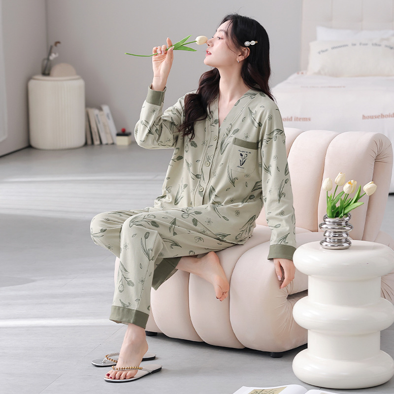 女性用綿パジャマ上下セット花柄肌に優しい快適ルームウェア