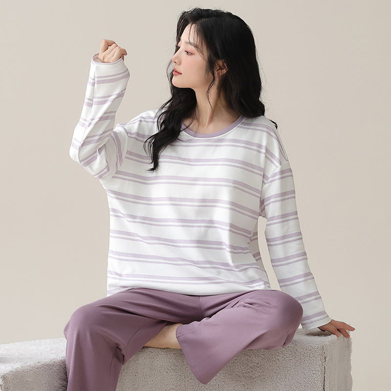 ルームウェア レディースボーダー柄 綿パジャマセット パッド付き 