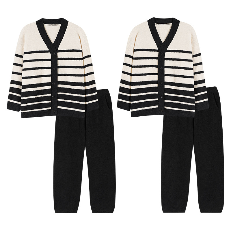 ルームウェア 横縞柄ニットカーディガン上下セット　部屋着