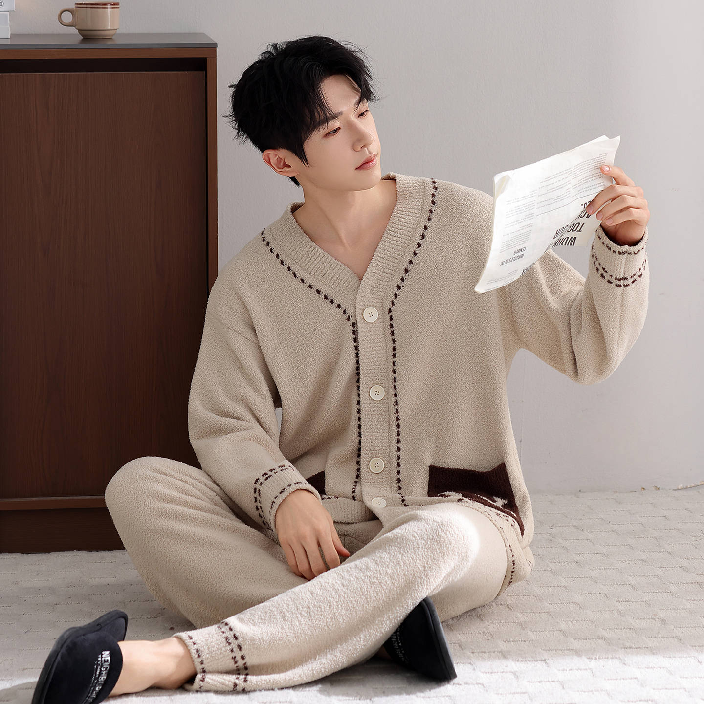 ルームウェア ステッチライン付きボア素材カーディガン　部屋着