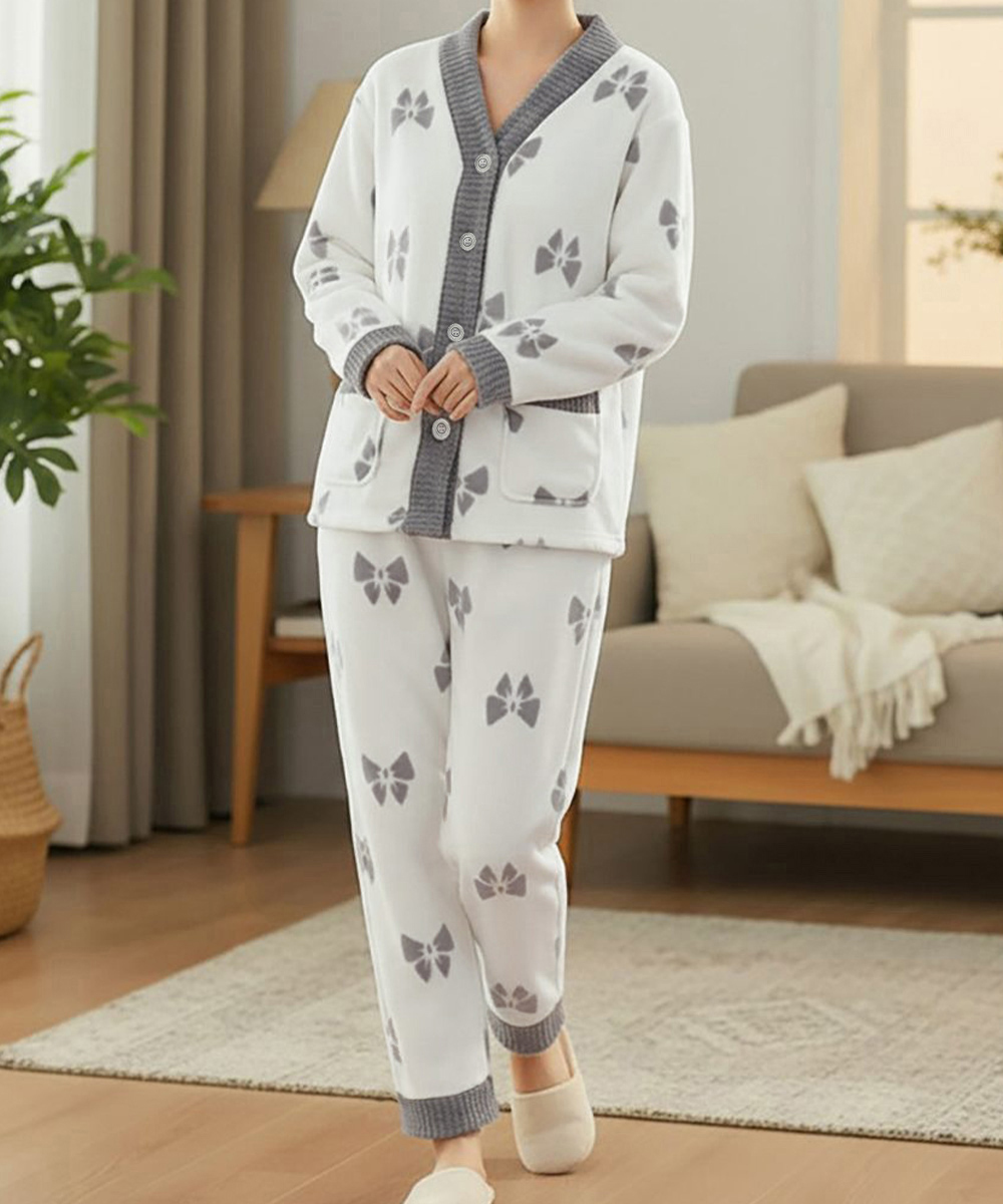 ルームウェア 可愛いリボン柄ニットパジャマ上下セット