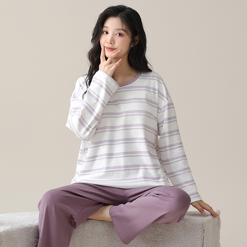 ルームウェア レディースボーダー柄 綿パジャマセット パッド付き 