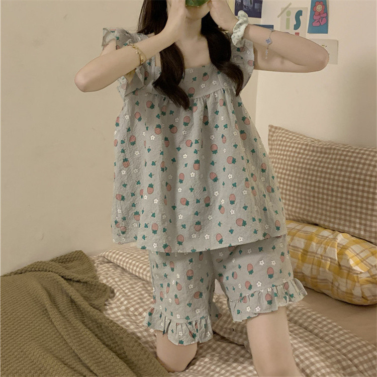 ルームウェア 花柄フリル袖なしキャミソール上下セット