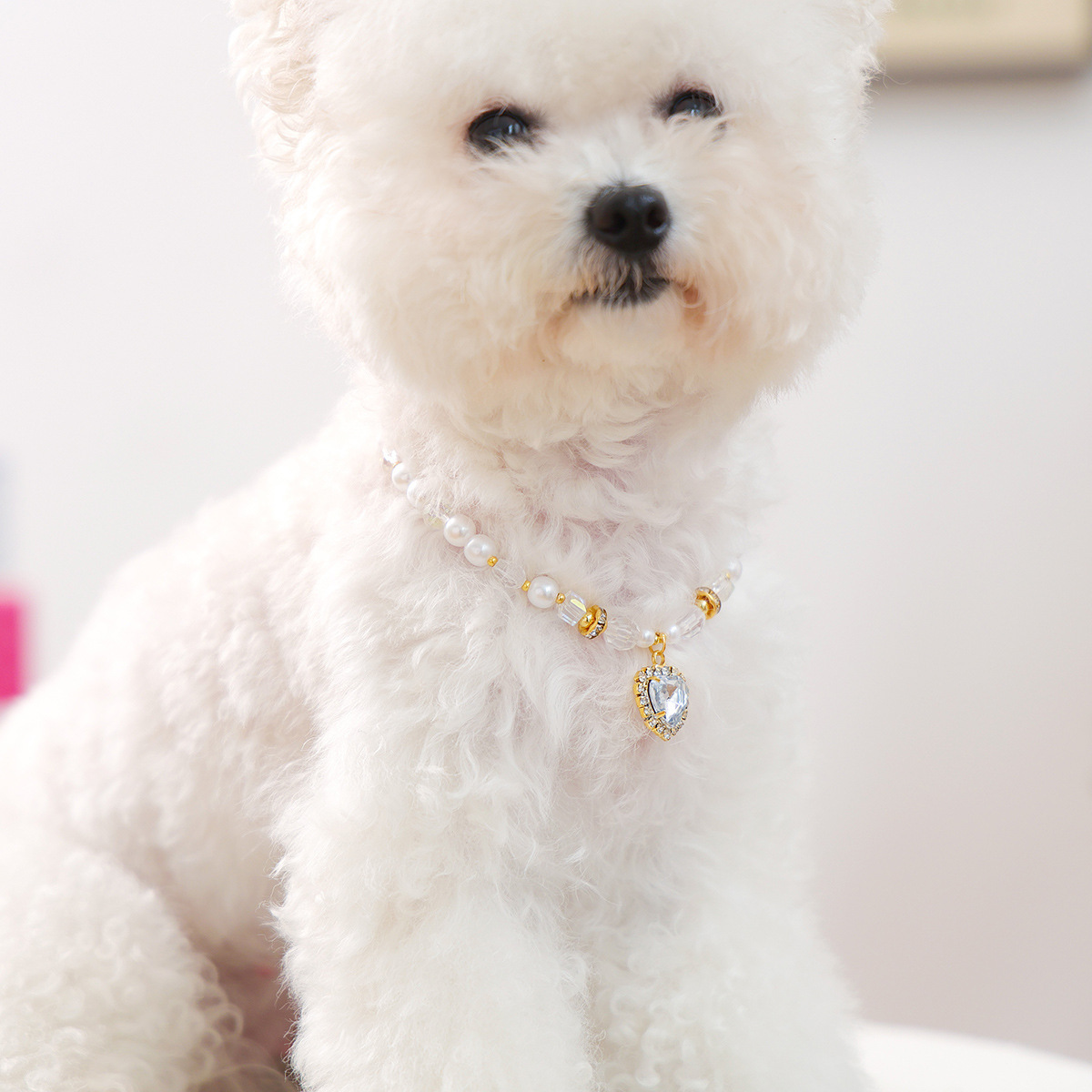 犬首輪 天然真珠とクリスタルビーズのハート型宝石付き首輪