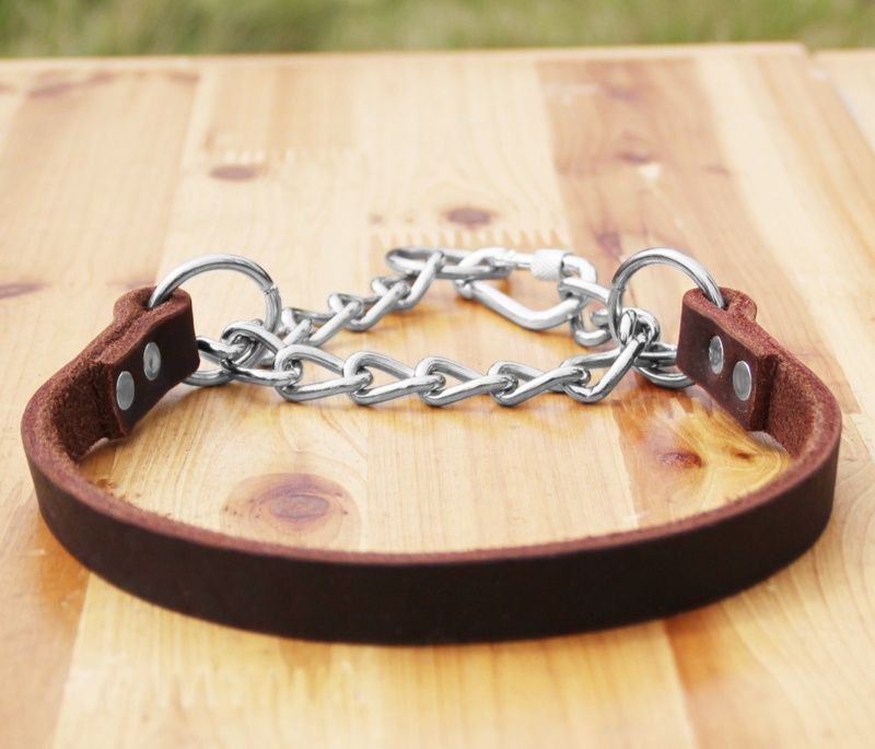 犬首輪 本革チェーン付きハーフチョーク犬首輪